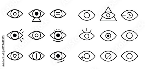 Eye icon set displaying variations on white grid background