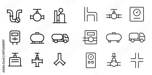 Plumbing valve and tank icons arranged in grid white background