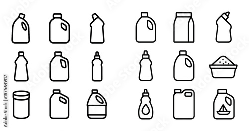 Cleaning product containers displayed in grid on white background