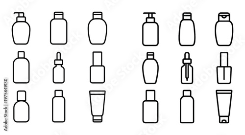 Cosmetic containers arranged in grid on white background