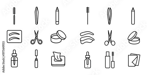 Cosmetic and grooming icons showing tools and containers on white