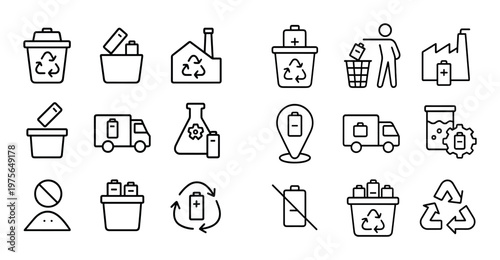 Battery recycling icons showing disposal collection and transport