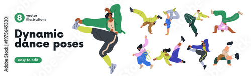 Cool dancers perform hip-hop, breakdance moves set. Young people dancing to street style music. B-boys and girls in dynamic poses, urban culture. Flat vector illustration isolated on white background