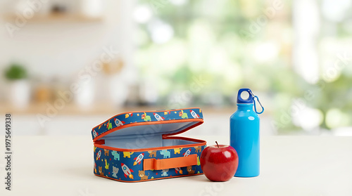 Back to school, colorful lunchbox with apple and water bottle on kitchen counter, copy space for advertisement or educational material
