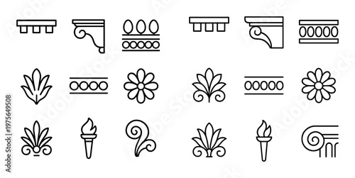 Decorative architectural ornament symbols arranged on white background
