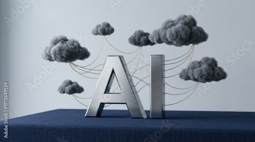 Metallic letters connected with thin golden wires to floating fluffy storm clouds, conceptual computing.