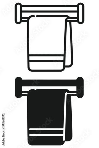 bath towel rack icon set with hanging towel in line, outline and solid style, bathroom accessory symbol, minimal vector design, clean pictogram for home, hygiene, interior design applications.