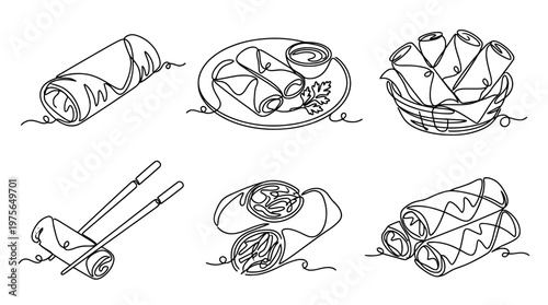 spring roll , six black Continuous Line Art (Single Line) vector set collection , white background , PNG and SVG