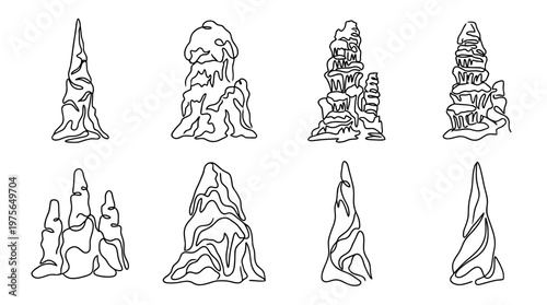 stalagmite , six black Continuous Line Art (Single Line) vector set collection , white background , PNG and SVG