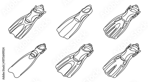 swim fin , six black Continuous Line Art (Single Line) vector set collection , white background , PNG and SVG