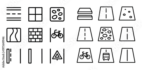 Road marking and lane icons arranged in grid on white background