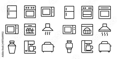 Kitchen appliances arranged as simple line icons on white
