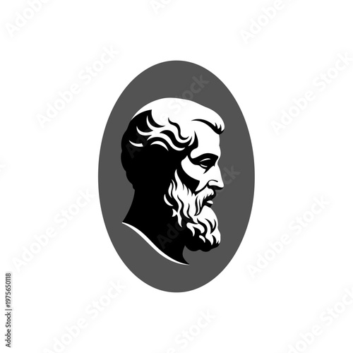 Classical Profile Portrait of Ancient Philosopher Silhouette in Oval Cameo Style Black and White.