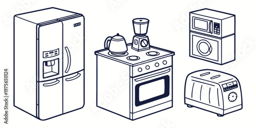 Various household appliances including a refrigerator and microwave oven