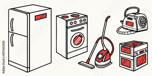 Various cleaning tools including a mop, broom, vacuum, and spray bottle