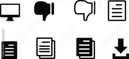 Set of eight black icons for computer and document actions