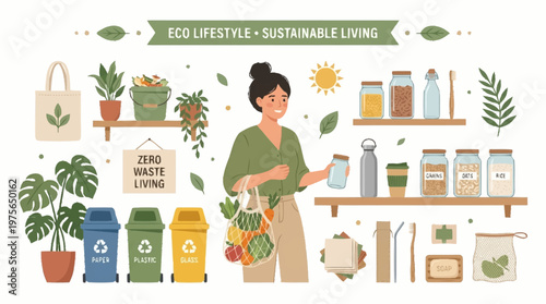 Smiling woman holding a mesh grocery bag full of fresh produce surrounded by various sustainable household items and recycling bins representing an eco friendly lifestyle for healthy green living.