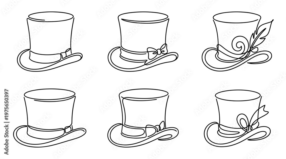 Fototapeta premium top hat , six black Continuous Line Art (Single Line) vector set collection , white background , PNG and SVG