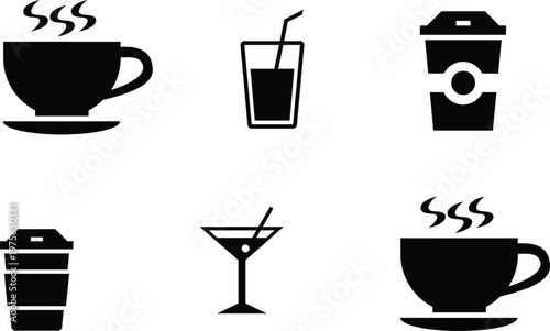 Set of six black beverage and drink icons on white