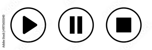 Play pause and stop buttons for video audio player symbols in solid glyph style. Media control icon set for apps web players, streaming and multimedia ui control symbols