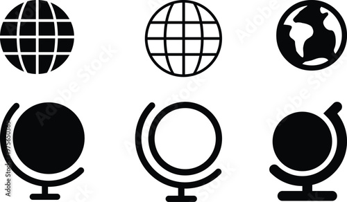 Set of six black globe and earth icons world planet