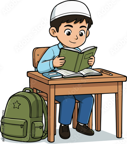 Young Muslim Boy Student Reading a Book at His Desk with Backpack Education and Learning Concept