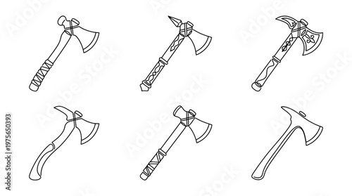 tomahawk , six black Continuous Line Art (Single Line) vector set collection , white background , PNG and SVG