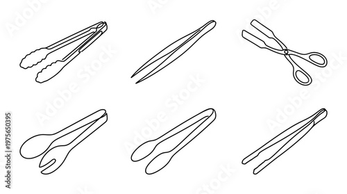 tongs , six black Continuous Line Art (Single Line) vector set collection , white background , PNG and SVG