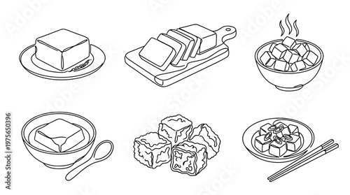 tofu , six black Continuous Line Art (Single Line) vector set collection , white background , PNG and SVG