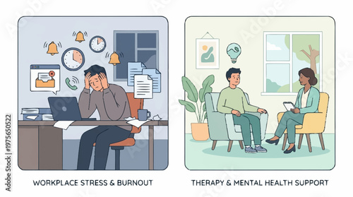 Stressed employee struggling with burnout at her desk compared to a focused person finding creative solutions through a productive counseling session with a professional therapist during a meeting