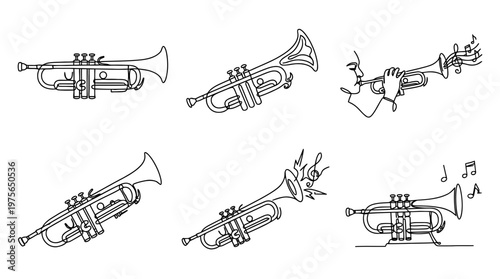 trumpet , six black Continuous Line Art (Single Line) vector set collection , white background , PNG and SVG