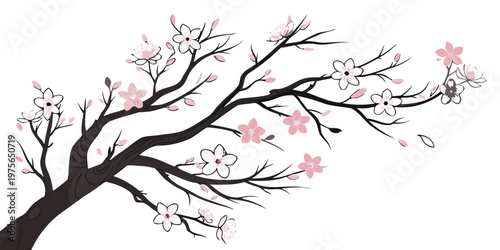 A detailed illustration of a blooming flower with delicate petals and leaves