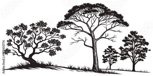 A tranquil garden scene with blooming roses and a tall cypress tree