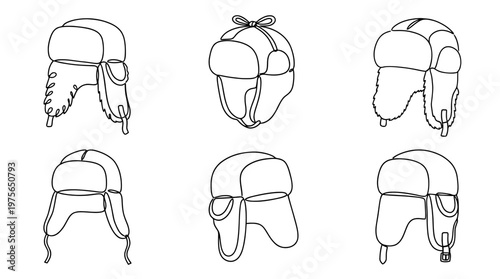 ushanka , six black Continuous Line Art (Single Line) vector set collection , white background , PNG and SVG