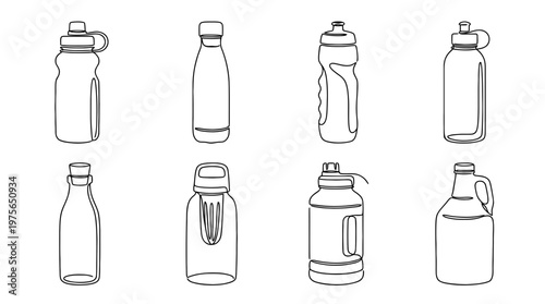 water bottle , six black Continuous Line Art (Single Line) vector set collection , white background , PNG and SVG