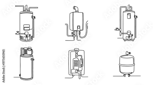 water heater , six black Continuous Line Art (Single Line) vector set collection , white background , PNG and SVG
