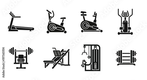 Collection of various gym and fitness equipment silhouettes for workout.