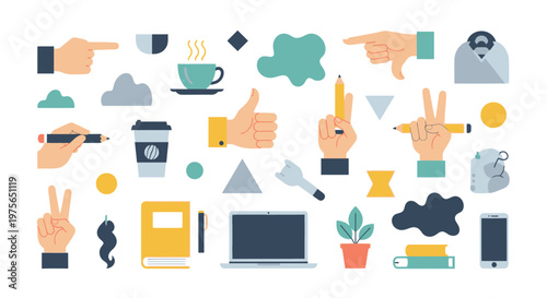 Creative workspace elements and hand gestures flat vector illustration set.