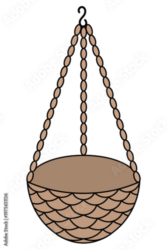Garden flowerpot. Brown wicker basket hanging on a chain with a hook. Vector illustration. Isolated on white background. Idea for web design.