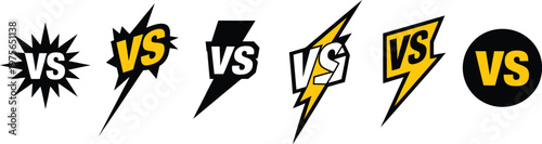 Versus, icons with lightning bolt – dynamic VS symbol pack for game battle, competition match, sports, esports events, head-to-head challenges, team showdowns, digital gaming graphics, and energetic 