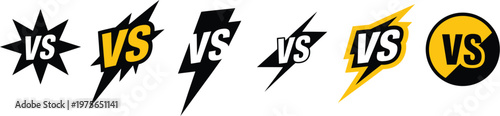 Versus, dynamic icons featuring lightning bolt VS symbols for games, sports competitions, battle challenges, competitive match scenarios, esports events, and modern vector graphics for digital design