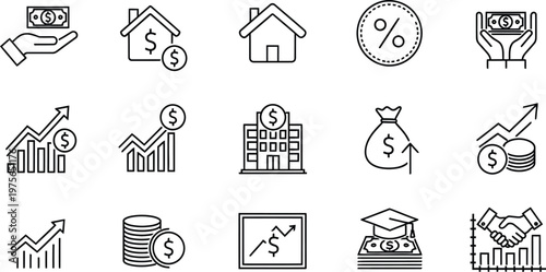 Title financial and real estate icons set line art illustrations description a collection of black and white line icons representing finance property