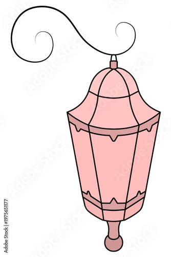 Old-fashioned street lamp. Glass lantern with a pink light. A garden lamp hangs from a curved bracket. Color vector illustration.  Isolated on white background. Web design idea.