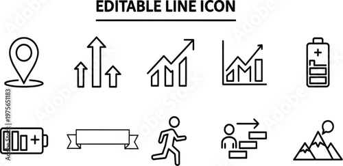 Title editable line icons set location growth data energy and progress description a collection of simple black line icons representing location upward