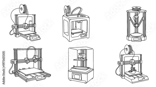 3d printer , six black Continuous Line Art (Single Line) vector set collection , white background , PNG and SVG