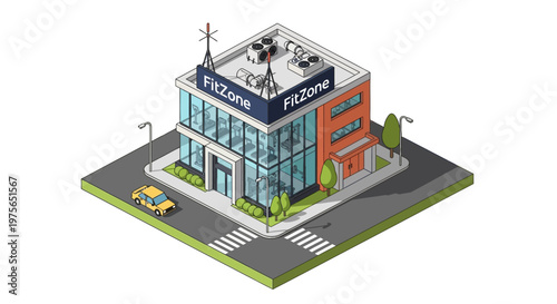 Isometric View of a Modern Fitness Center Building with Glass Facade.