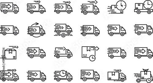 Delivery vehicle icons set trucks vans and scooters in motion