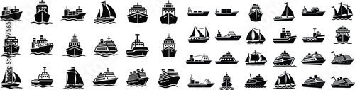 Vintage nautical collection black and white silhouettes of various ships and boats