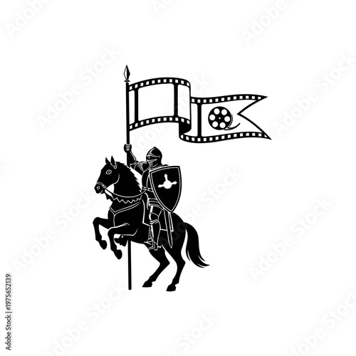 Medieval Warrior Horseback bring War Banner Flag for Colossal Movie Cinema Production logo design.