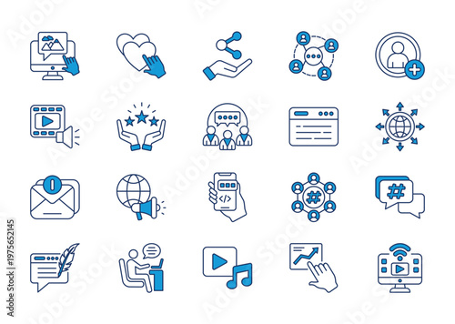 Social media thin blue icon set. Containing click like, share, community, add friend, media, favorite, social, website, connect